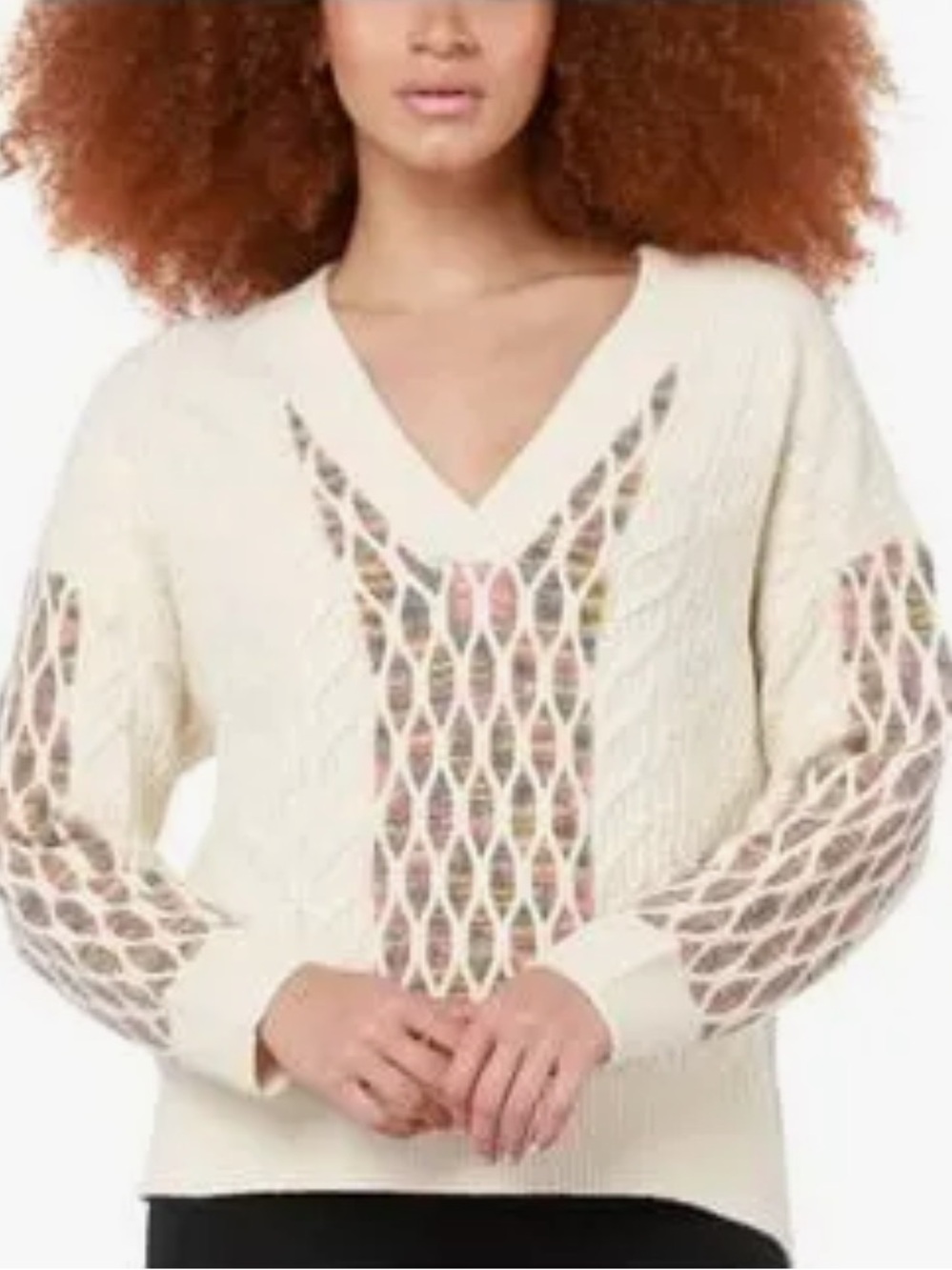 Black Tape | Women’s Cream Cable Knit V-Neck Pullover Long Sleeve Sweater Suze M